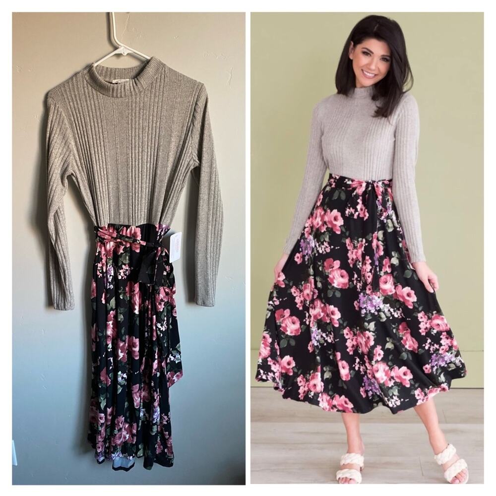 Reb. in J Floral Tie Waist Sweater Midi Dress Office Teacher Casual Sz L NWT - Picture 2 of 4